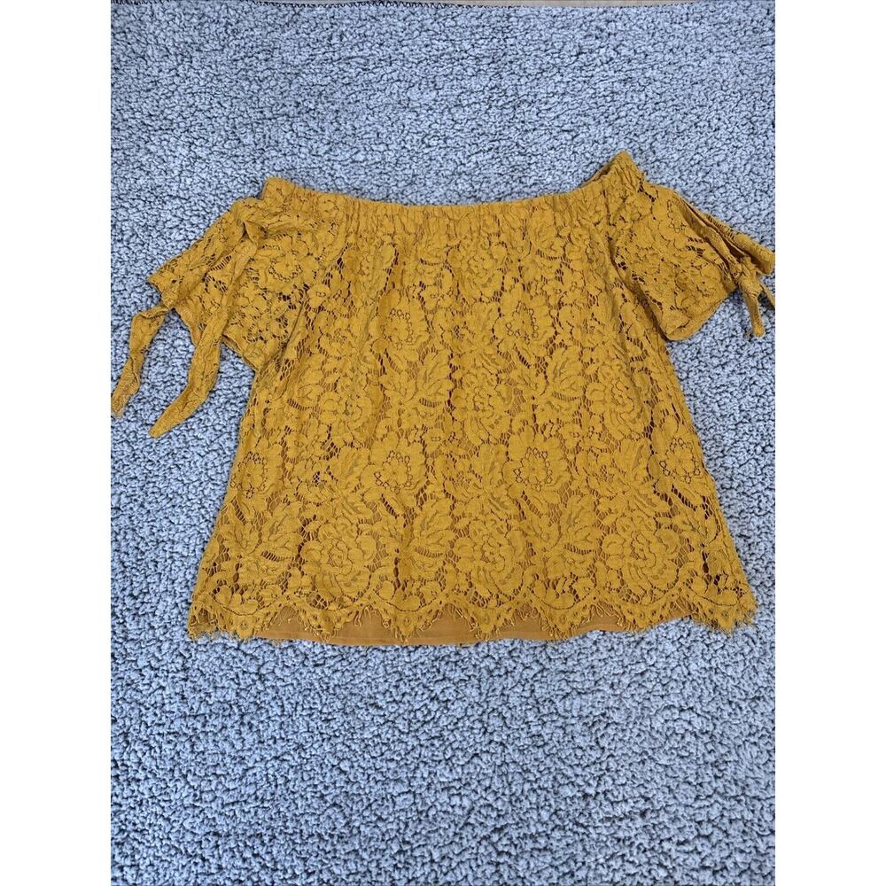 Haute Monde Shirt Womens XL Yellow Anthropologie Lace Tie Sleeve Coquette Blouse